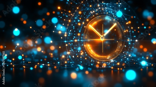 A glowing digital clock face appears within a complex network of interconnected blue and orange light particles symbolizing data flow.