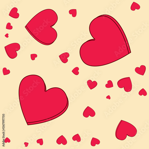 Seamless pattern with large and small red hearts on soft beige background. Romantic and playful heart illustration perfect for Valentine's Day, wedding invitations, love cards.