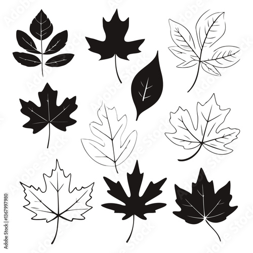 A simple black and white vector silhouette of various autumn leaves in different sizes and orientations on a clean white background