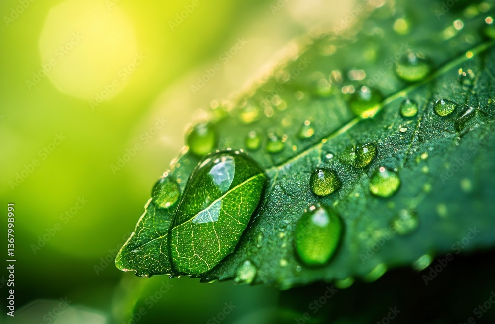 Fototapeta premium Water Drops on Green Leaf in Morning Sunlight Macro Shot