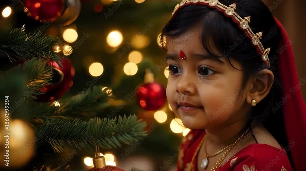 Young Indian girl making a wish on a Christmas tree Young Indian girl making a wish on a Christmas tree
