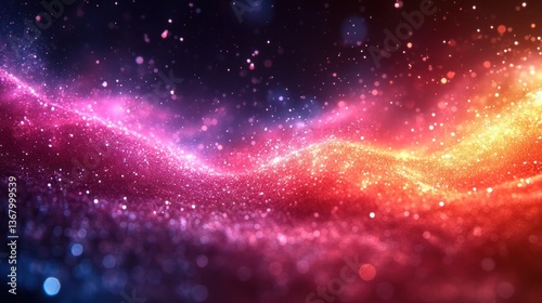 Abstract swirling glowing particles in vibrant colors, cosmic nebula background