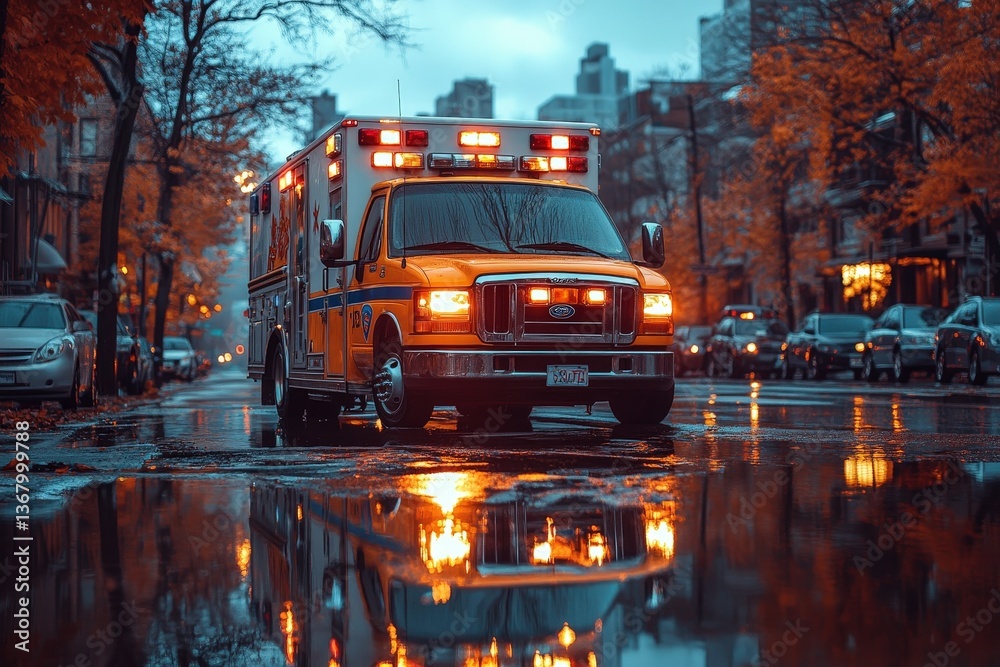 Obraz premium Reflection of an Ambulance in a Puddle on a Quiet Road During Sunset