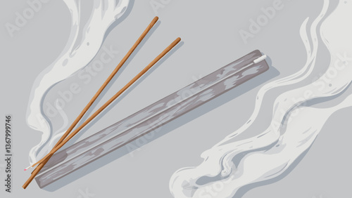Wooden chopsticks and incense stick on gray surface with smoke.