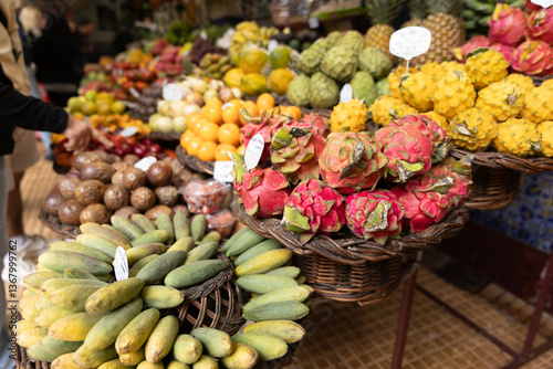 A fruit stall in a food market in Funchal Madeira - Mercado dos Lavradores photo