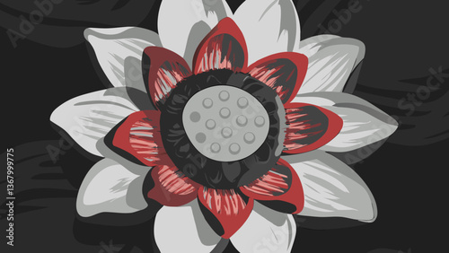 Black and white lotus flower with red center, abstract art style.