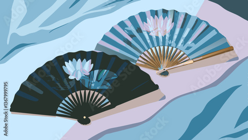 Two decorative folding fans with lotus designs on a pastel surface