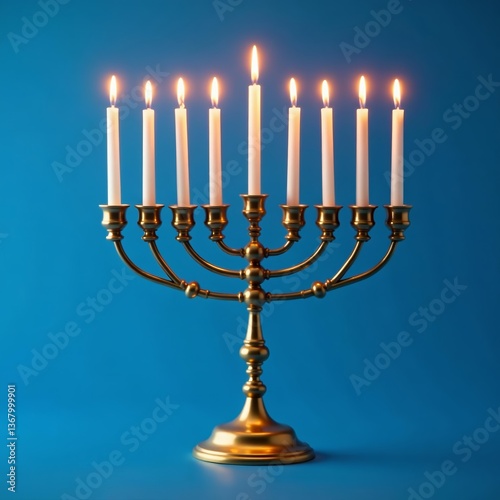 Beautiful hanukkah menorah with lit candles on blue background, Jewish holiday celebration, candles, Jewish, blue background