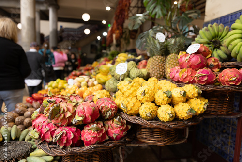 A fruit stall in a food market in Funchal Madeira - Mercado dos Lavradores photo