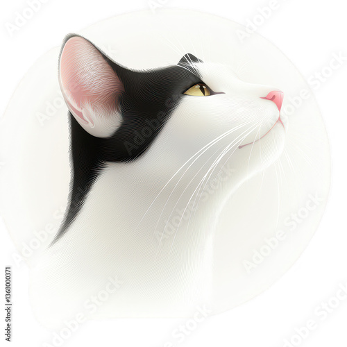 A profile view of a black and white cat, showcasing its sleek fur and expressive eyes, against a clean white background. photo