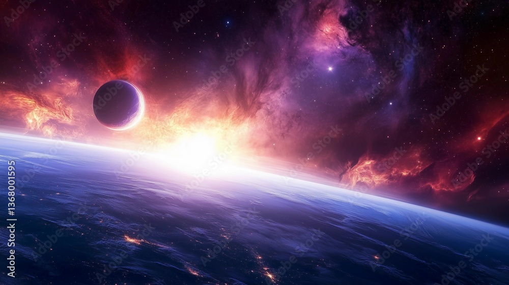 Obraz premium A beautiful and colorful space scene with a large planet and a smaller one in the background. The sky is filled with stars and the sun is shining brightly