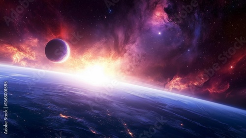 A beautiful and colorful space scene with a large planet and a smaller one in the background. The sky is filled with stars and the sun is shining brightly