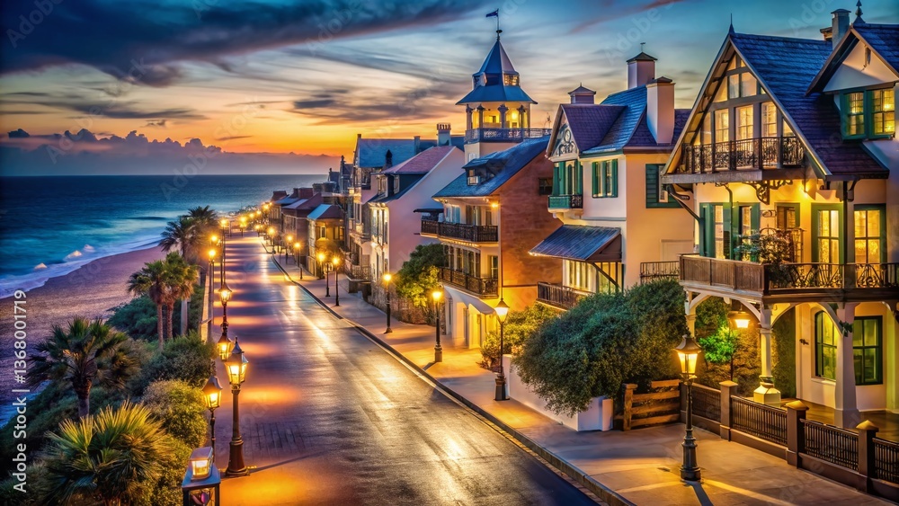 Naklejka premium Rosemary Beach Florida Night Photography: Scenic Coastal Town at Dusk
