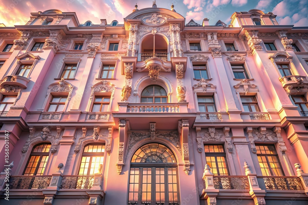 Fototapeta premium Rose-Tinted Architectural Vista: Dreamy Building Facade in Soft Pink Hues