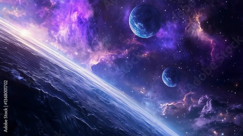 A beautiful and serene space scene with two planets and a multitude of stars. The planets are positioned in the middle of the frame, with one closer to the left side and the other on the right side