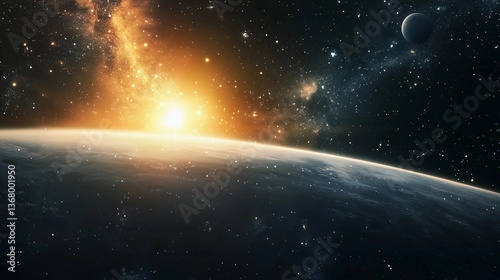 A beautiful view of the sun rising over the planet Earth. The sun is the brightest object in the sky, and it is surrounded by a vast number of stars. The scene is peaceful and serene