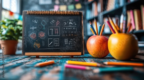 Classroom schedule, chalkboard, apples, pencils, school supplies, library background, learning photo