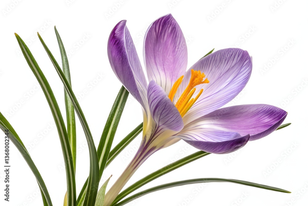 Naklejka premium Violet spring crocuses blossom, their petals a macro beauty against white