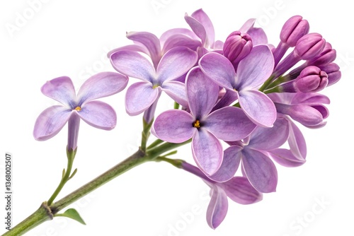 Isolated lilac branches bloom with violet and pink petals against a white backdrop