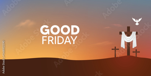 Good Friday cross with white cloth in sunset vector poster