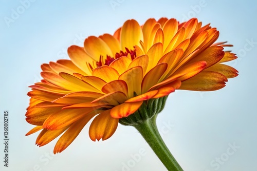 A vibrant orange gerbera blossom, its petals radiating summer beauty against a soft yellow floral backdrop