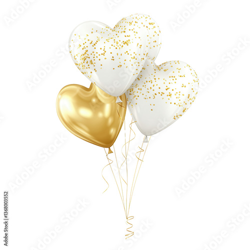 Golden Heart Balloons: A charming collection of heart-shaped balloons, featuring a stunning golden heart alongside delicate white balloons adorned with golden speckles.