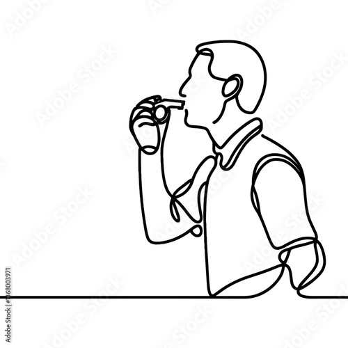 Referee blowing whistle in line drawing style  