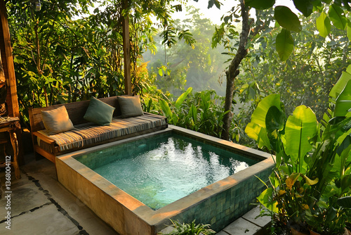 Fototapeta Naklejka Na Ścianę i Meble -  A tranquil small pool in Bali, nestled among lush jungle greenery, invites relaxation.