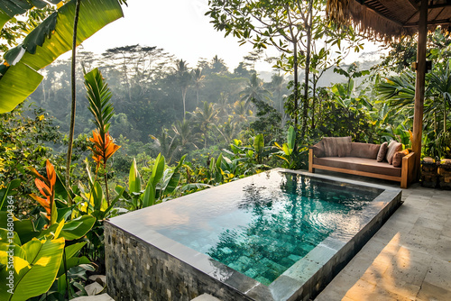 Private swimming pool surrounded by tropical plants offers a relaxing retreat in Bali's lush jungle.