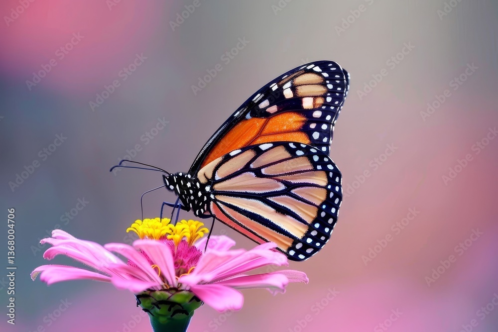 Fototapeta premium Close up of monarch butterfly sipping nectar from pink zinnia in a vibrant summer garden