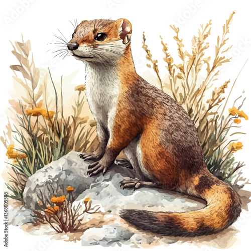 A watercolor of a weasel, isolated on a white background. Weasel vector.

