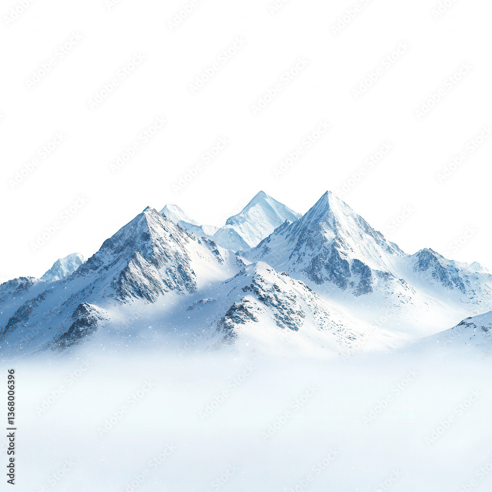 Fototapeta premium A stunning view of majestic snow-capped mountains rising above a blanket of mist, showcasing the beauty of nature in an isolated scene.