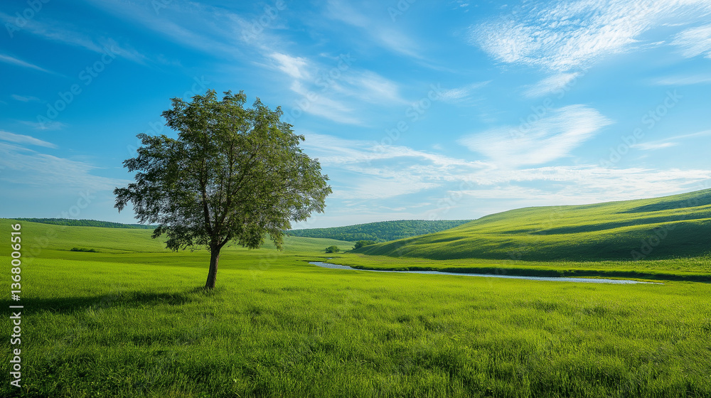 Fototapeta premium Tranquil Landscape with a Single Tree and Rolling Hills Under a Clear Blue Sky