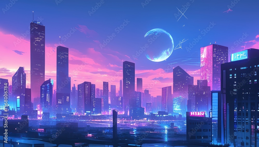 A futuristic cityscape with illuminated buildings under a colorful sky A futuristic cityscape with illuminated buildings under a colorful sky