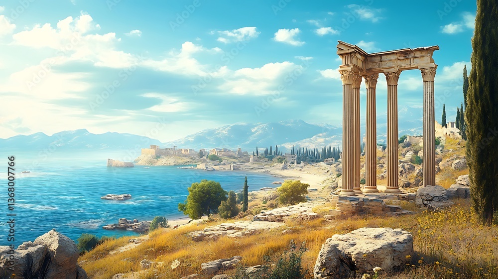 Naklejka premium Artistic ruins of Greece enhanced by flowers and mountain air image