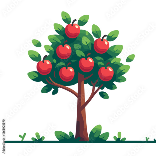 Vector illustration of apple tree with bright red fruits and green leaves. Ideal for orchard illustrations, harvest themes and seasonal garden designs.