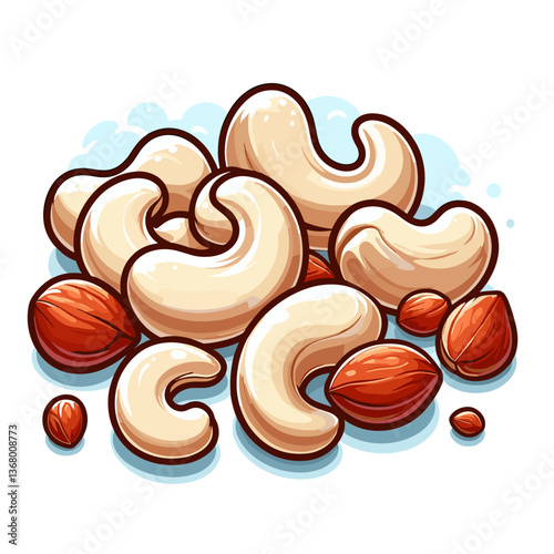 Vector illustration of cashews and almonds on light blue background. Ideal for health food branding, snack packaging, and nutritional content.