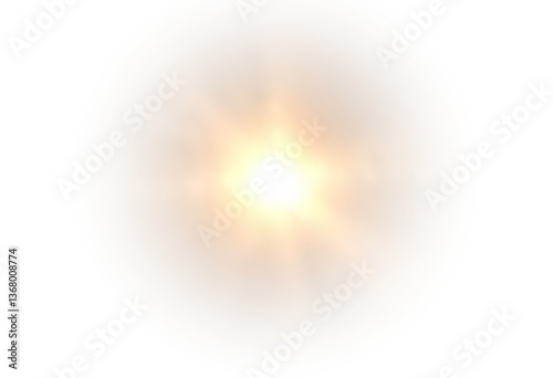 Golden sunlight overlay in PNG format with radiant sunrays, soft flares, and gentle glare effects. Transparent background, perfect for adding warmth and light to your designs. Royalty-free image.