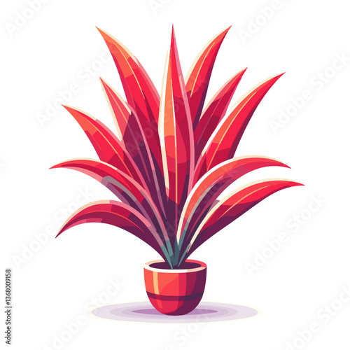 Vector illustration of spiky red-purple Cordyline in decorative pot. Ideal for interior design blogs and tropical plant collections.