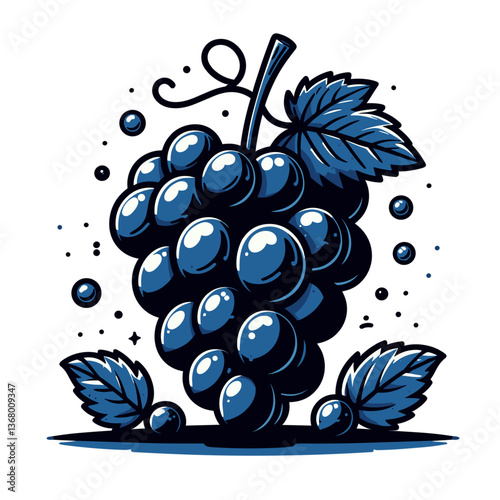 Vector illustration of dark blue grape cluster with leaves. Ideal for wine production marketing, vineyard branding, grape juice packaging, and fruit harvest seasonal promotions.