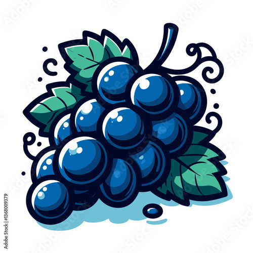 Vector illustration of blue grape cluster with green leaves on light background. Perfect for wine branding, gourmet food packaging, fruit harvest visuals, and juice product labels.