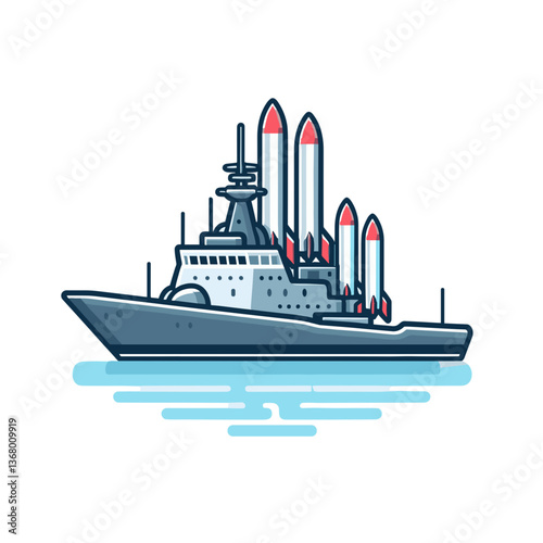 Naval warship with rocket launchers and elevated sensors on blue sea. Perfect for military equipment catalogs, naval defense articles, and maritime warfare illustrations.
