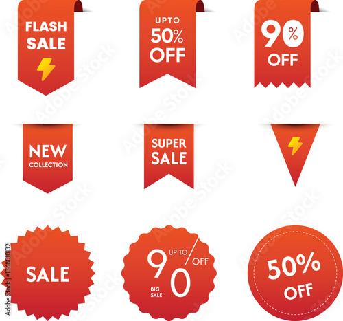 Order now red ribbons bookmark or banner. Online shopping web banners, tags, flags and curved ribbon, sunburst badges. Sale quality tags and labels. 