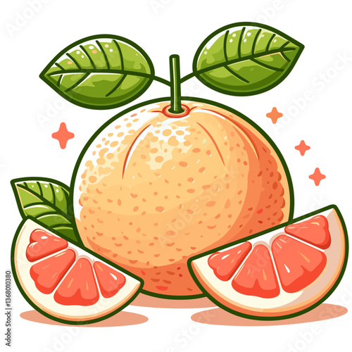 Vector illustration of whole pomelo and slices with green leaves and pink flesh. Ideal for citrus fruit guides, healthy eating blogs and exotic food marketing.