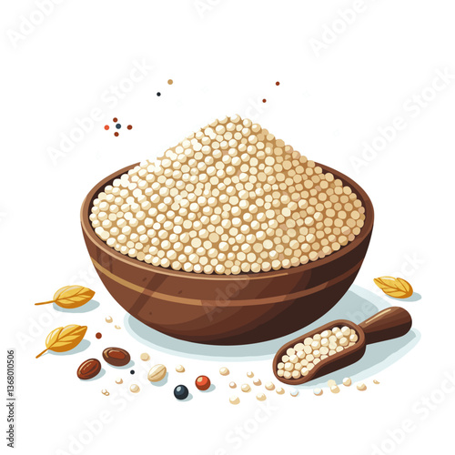 Vector illustration of quinoa grains in wooden bowl with spoon and scattered seeds. Perfect for healthy eating guides, wholefood packaging and culinary education.
