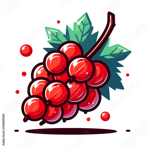 Vector illustration of red gooseberry cluster with leaves and scattered berries. Ideal for berry farm marketing, seasonal harvest themes and jam recipe illustrations.