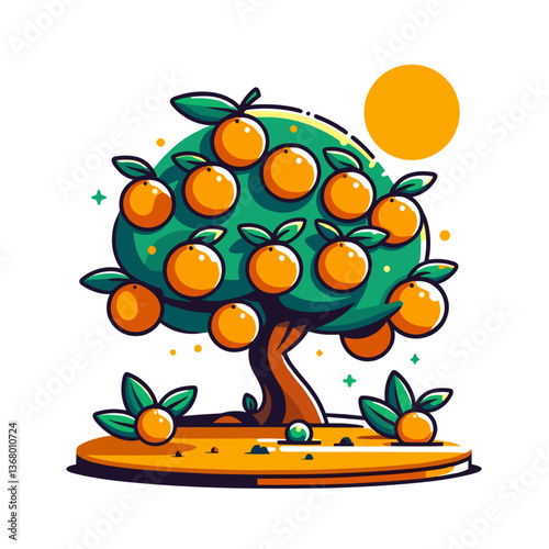 Vector illustration of orange tangerine tree with sun. Ideal for citrus farming content, orchard design resources, and fruit cultivation guides.