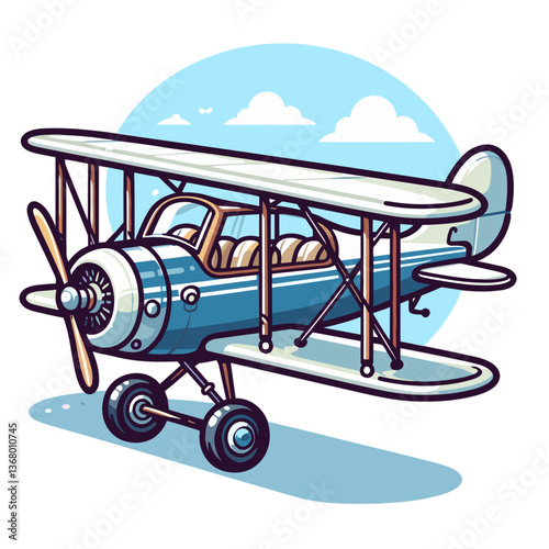 Vector illustration of blue vintage biplane against sky background. Perfect for aviation history content, nostalgic travel themes, and retro transportation graphics.