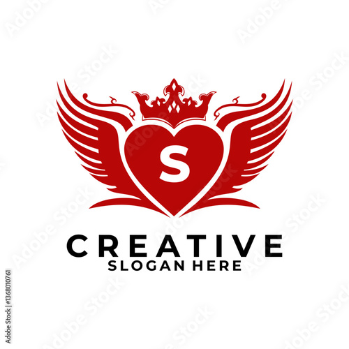 Letter S with wing love and Crown logo design vector template. Initial identity logo design vector