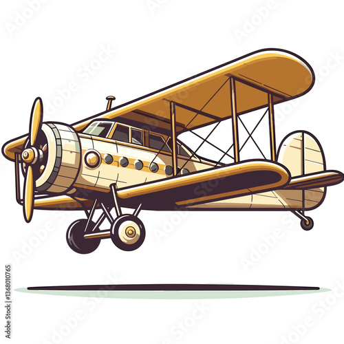 Vector illustration of beige vintage biplane with classic design. Ideal for aviation heritage content, historical transportation themes, and nostalgic travel materials.